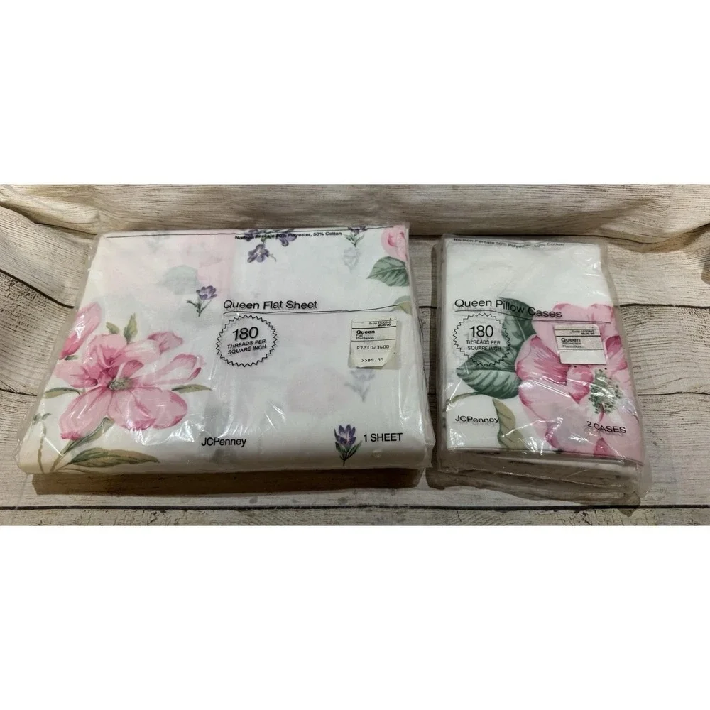 Vtg JcPenney Queen Flat Sheet & Pillowcases Non Iron Plantation NOS GTbH9